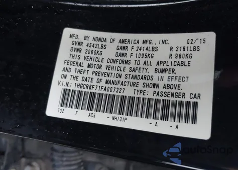 2015 Honda Accord Hybrid Touring from USA, damaged, VIN 1HGCR6F71FA007327